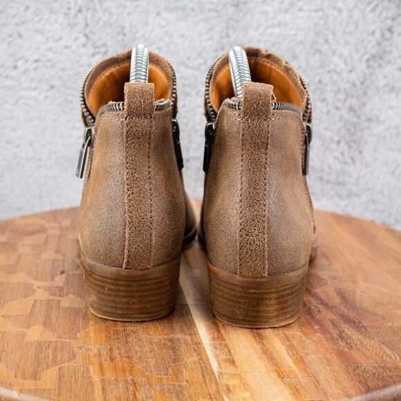 Lucky Brand Bartalino 7 M Dual Side Zip Up Tan Suede Leather Ankle Booties Boots - Picture 4 of 5